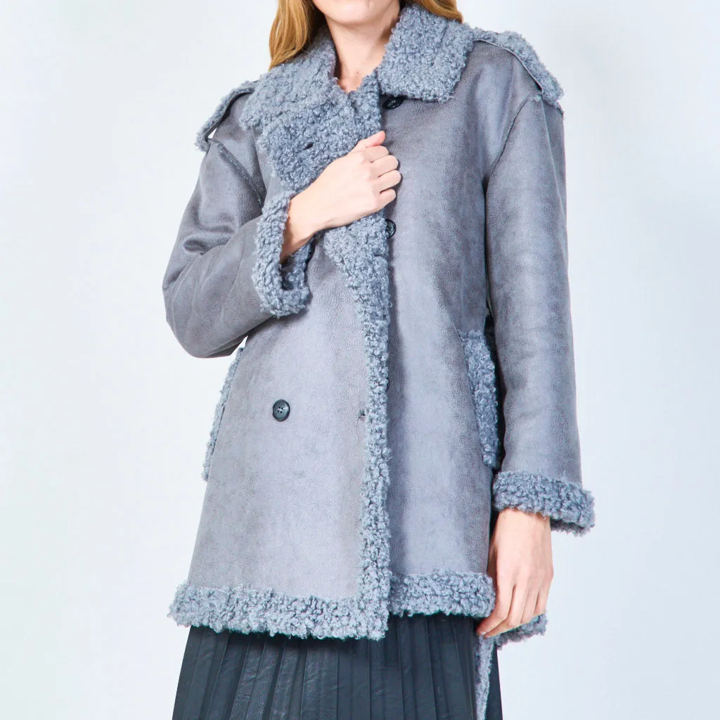 Shearling-lined belted coat with oversized lapels wholesale