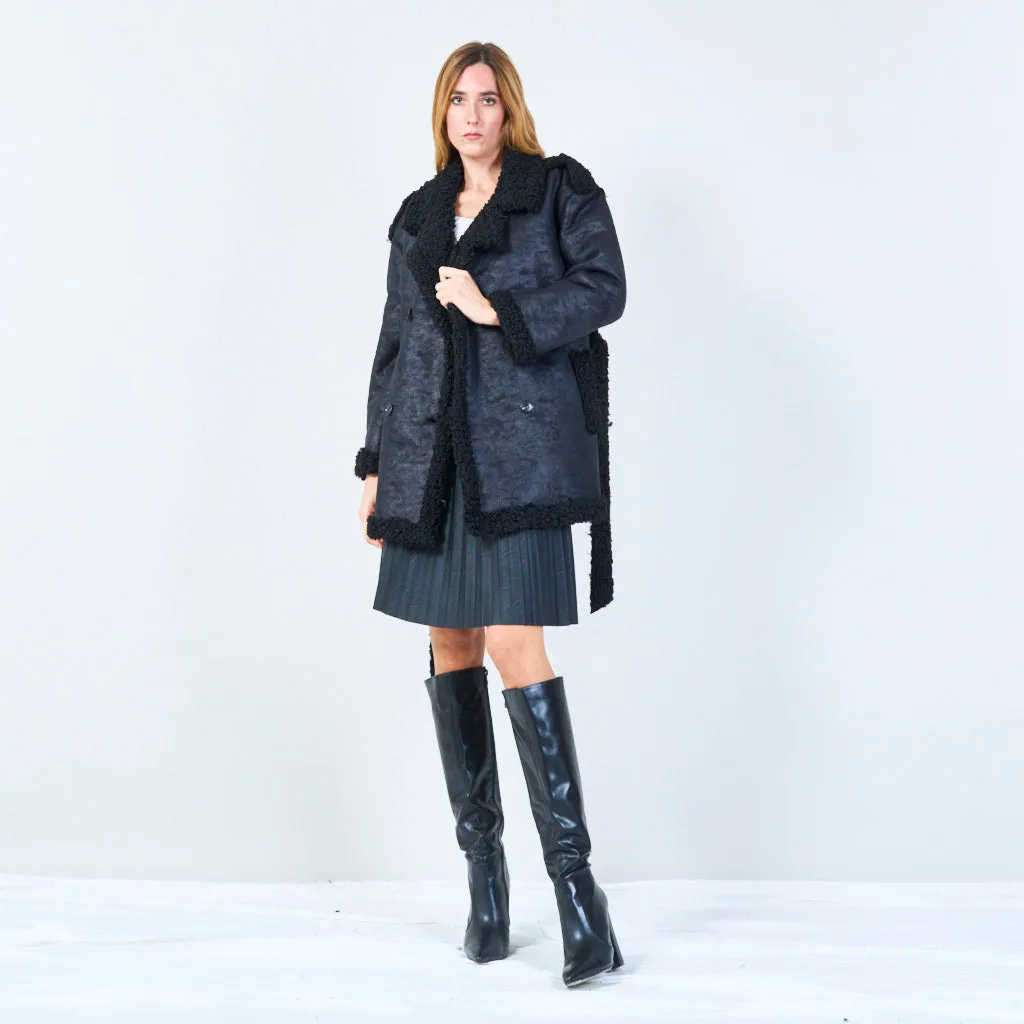 Shearling-lined belted coat with oversized lapels wholesale