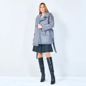 Shearling-lined belted coat with oversized lapels wholesale