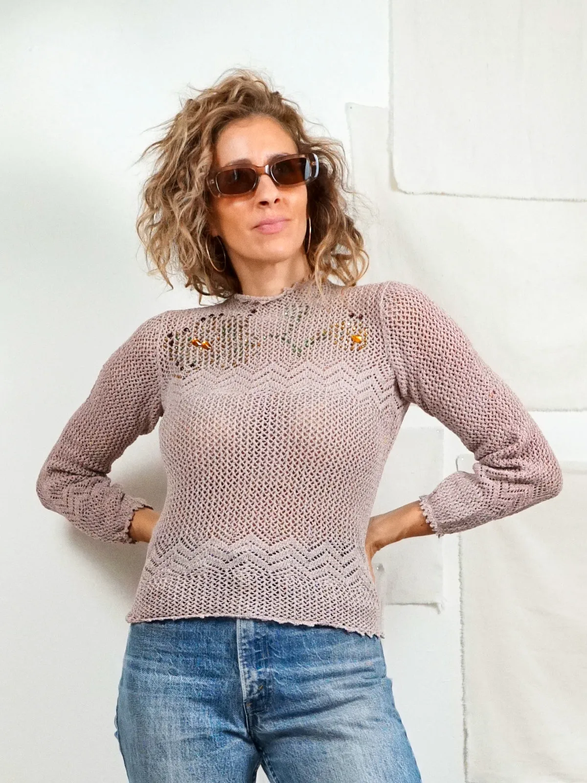 Vintage Crochet Jeweled Neck Top
