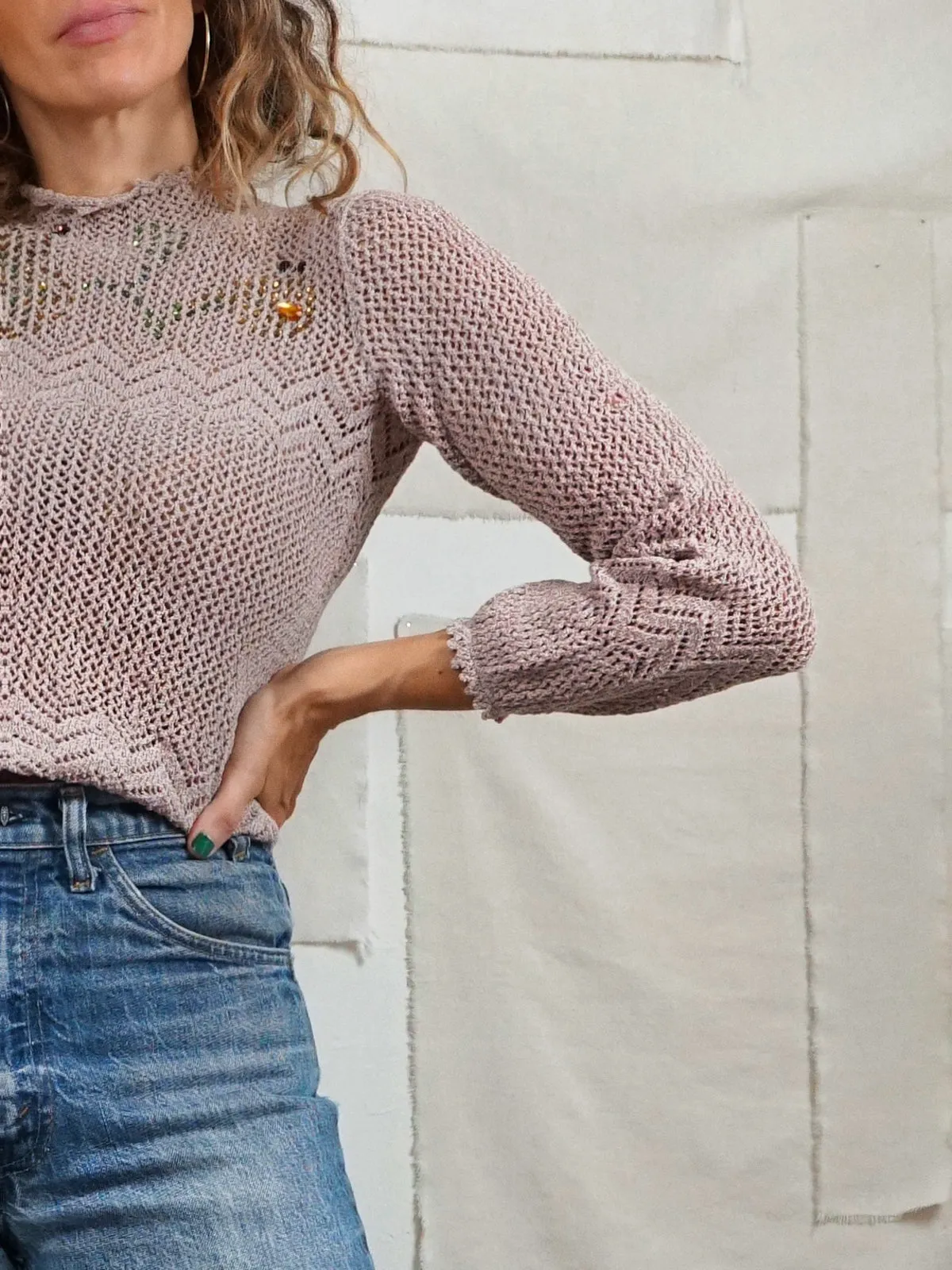 Vintage Crochet Jeweled Neck Top