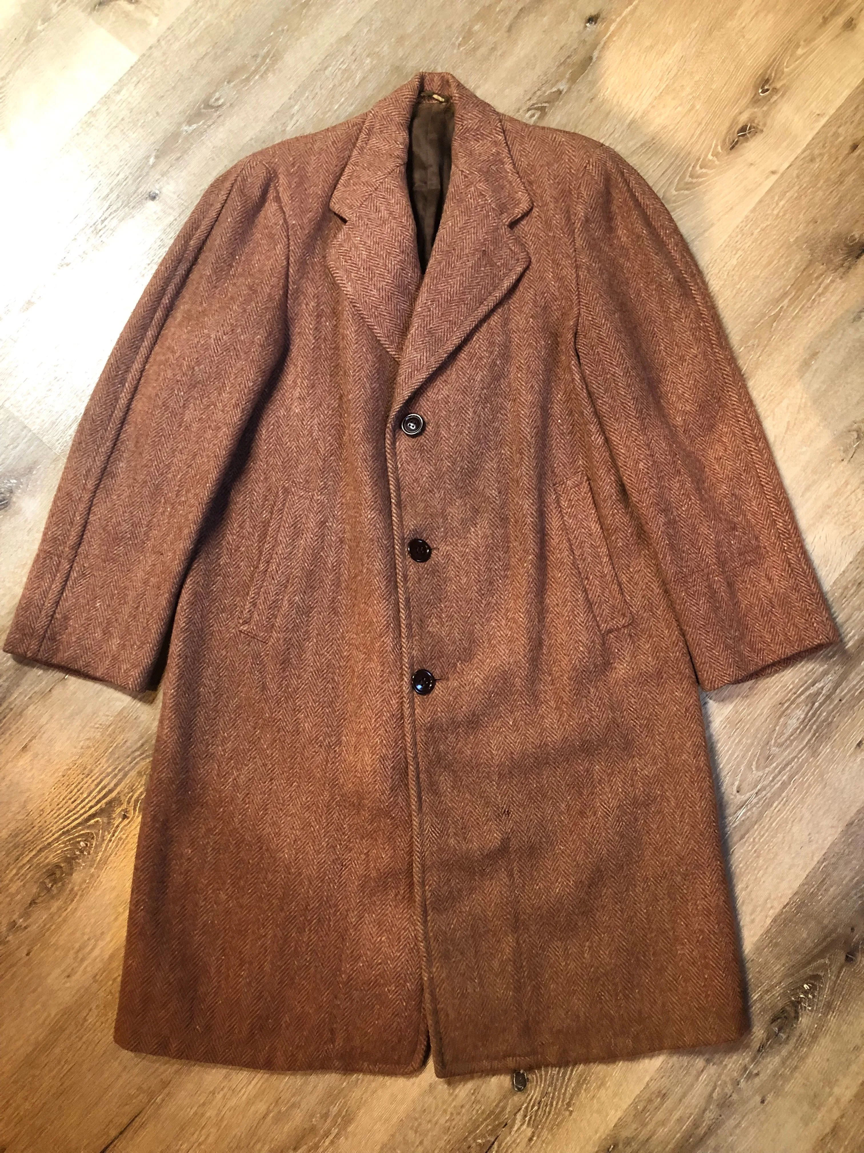 Vintage Herringbone Full Length Wool Coat
